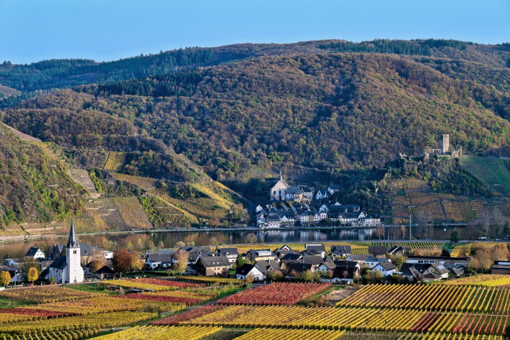 Vignobles aux couleurs d’automne et villages de Beilstein et Ellenz sur la Moselle